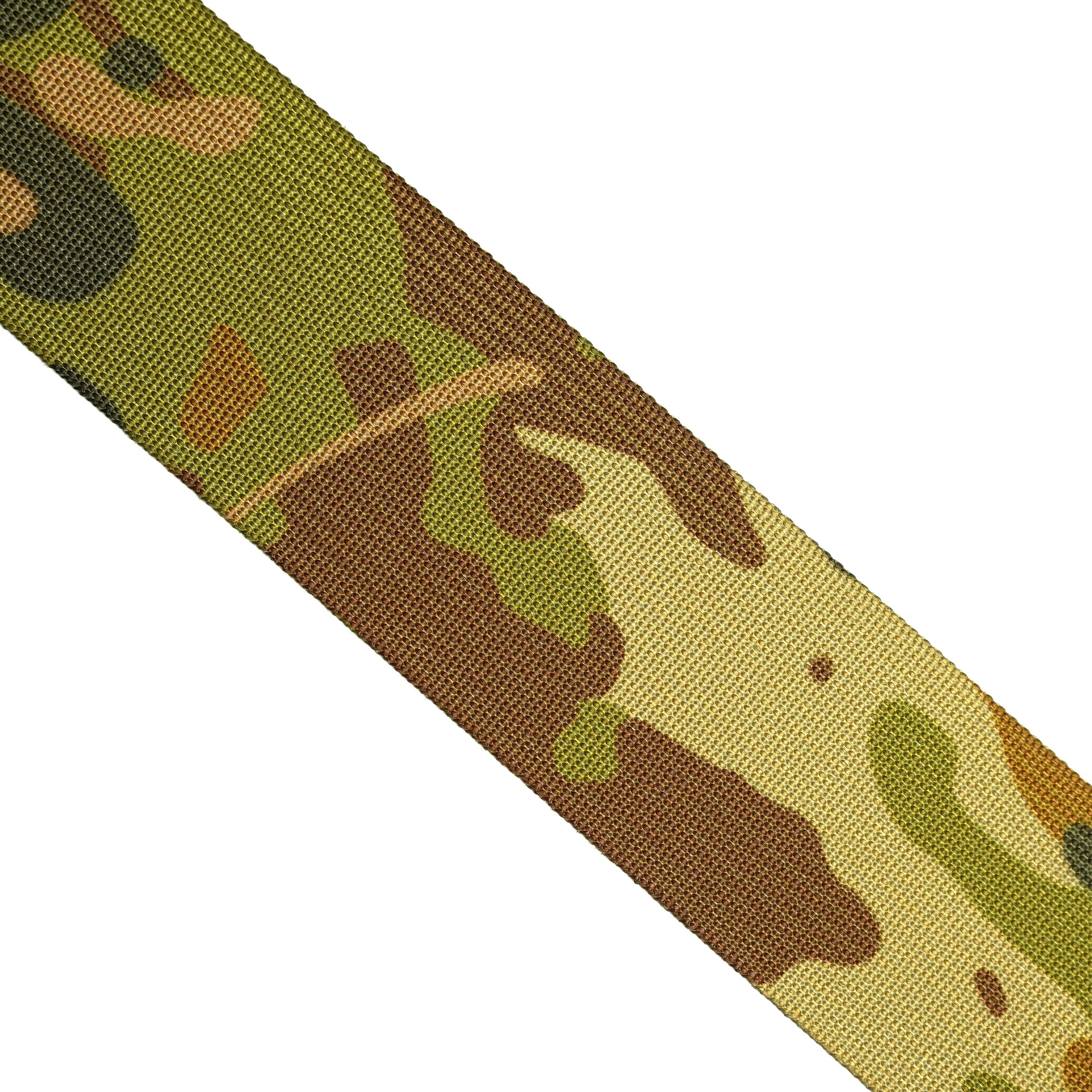 Camouflage-patterned belt strap on a white background